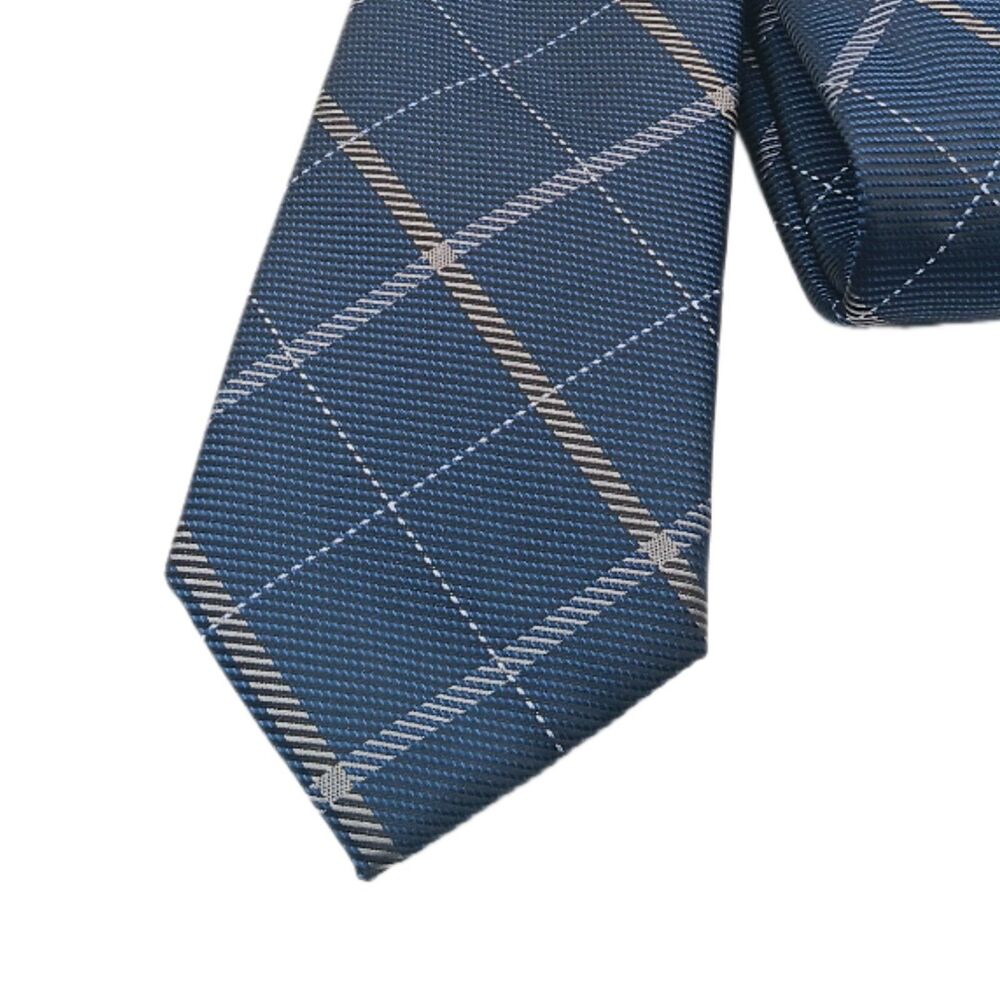 Brand Q Plaid Tie Mens Long 62” Navy Blue Gray Woven Microfiber Skinny New